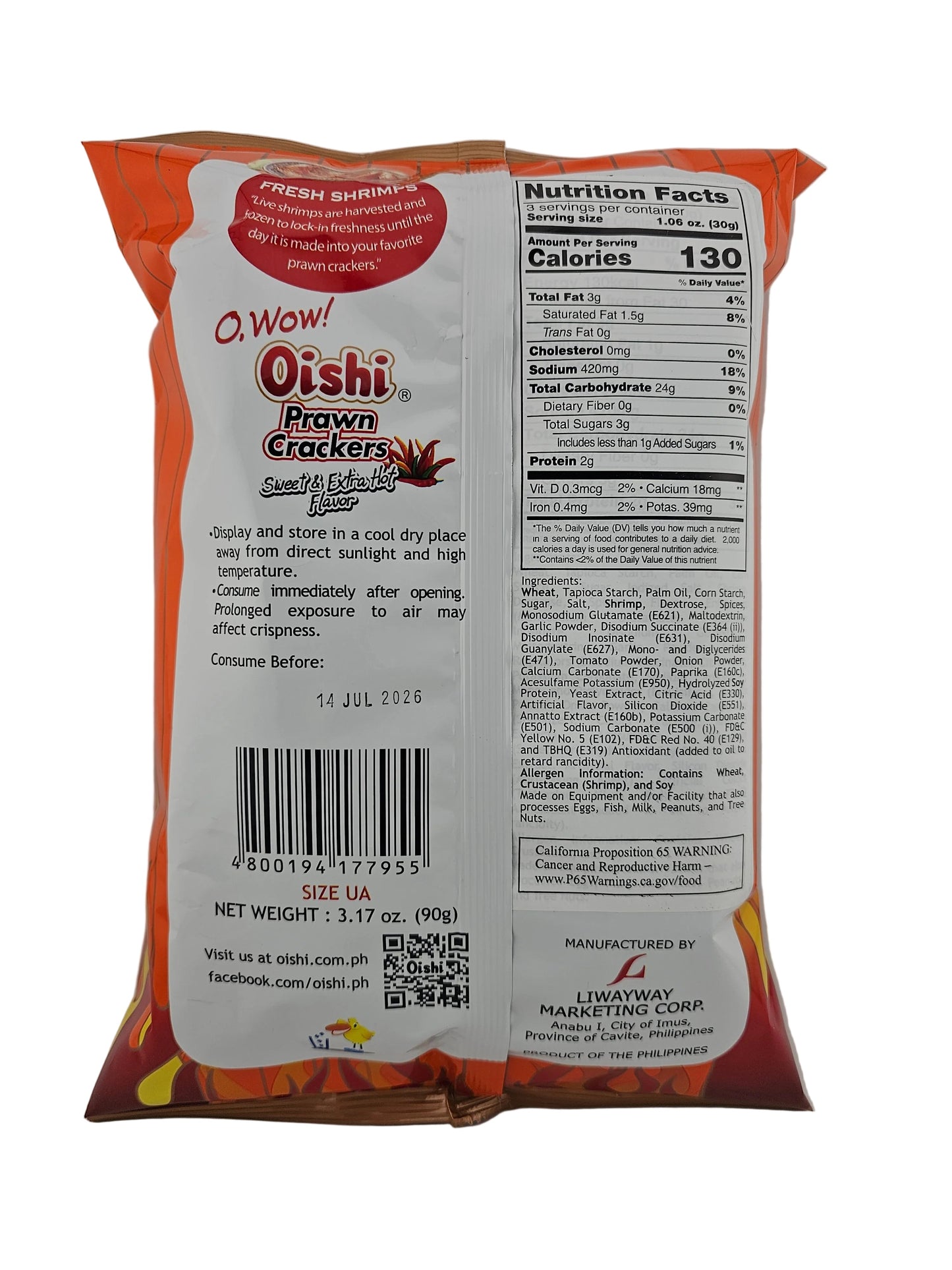 Oishi Prawn Crackers Sweet & Extra Hot 3.17 oz